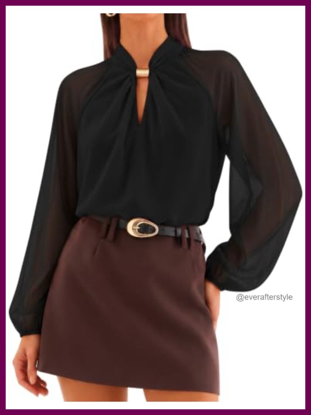 Women's Long Sleeve Chiffon Blouse with Metal Buttons and Lantern Sleeves